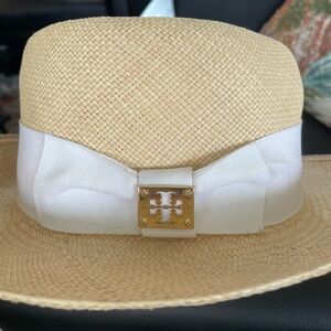 Tory Burch Tan Straw Hat with White Band